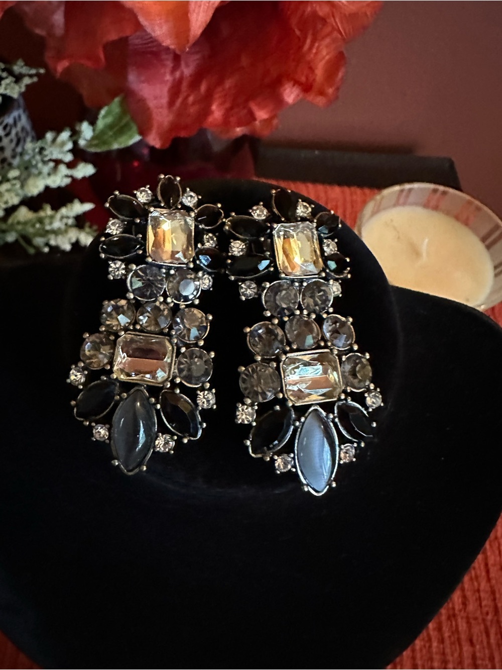 Vintage big Crystal and Black Statement Drop Earrings - Women Jewelry